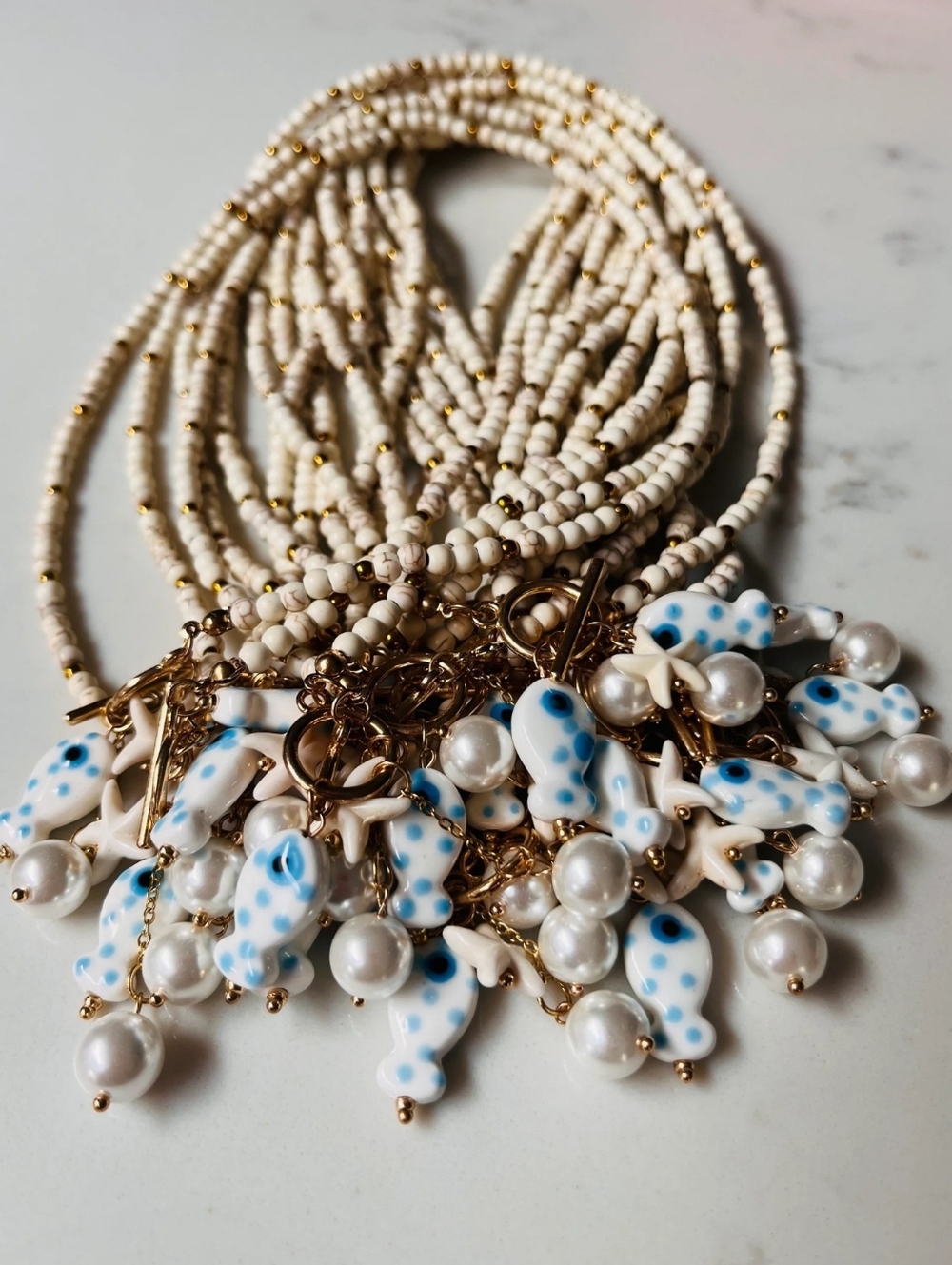 Ceramic starfish, fish and pearl charm necklace; 18.19" around neck; nwot - Picture 7 of 9